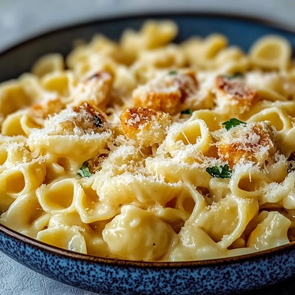Knuspriger Nudel-Hähnchen-Auflauf mit Knoblauch und Parmesan
