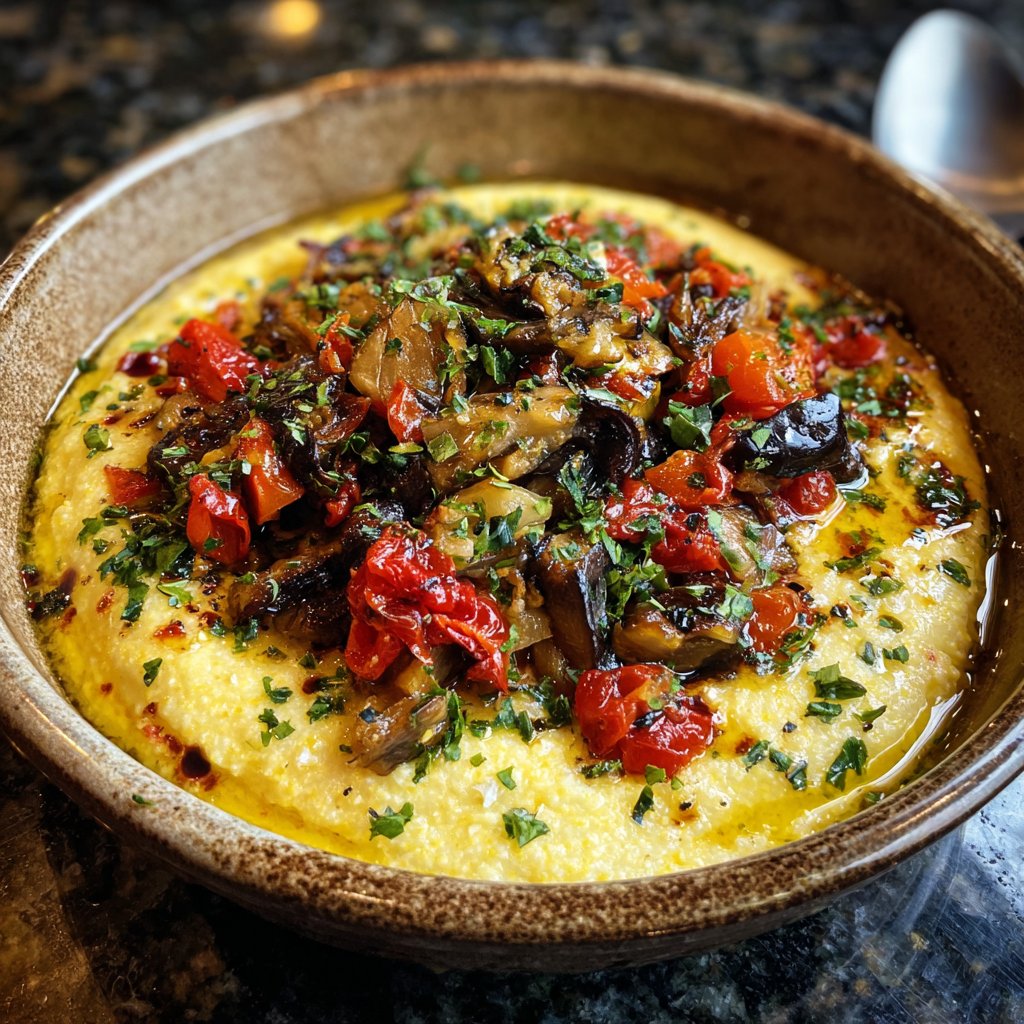 Abendessen mit cremiger Polenta und Gemüse