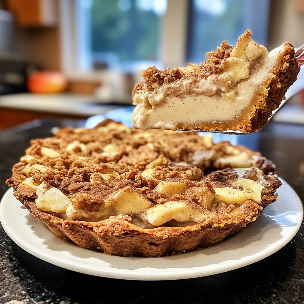 Traditioneller Apfelkuchen mit Pudding und Zimtstreuseln